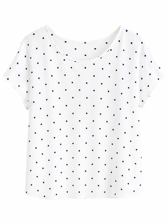 Vintage Tops - Vintage White and Blue Polka Dot Short Sleeve Blouse Size M